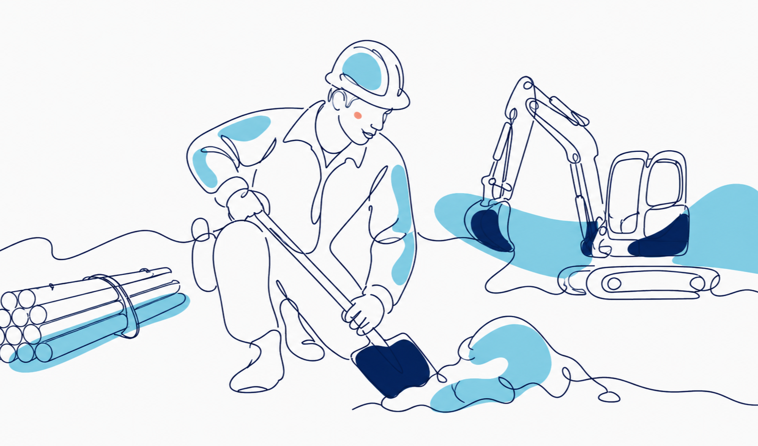 現場で技術を身につける土木作業員の線画イラスト
